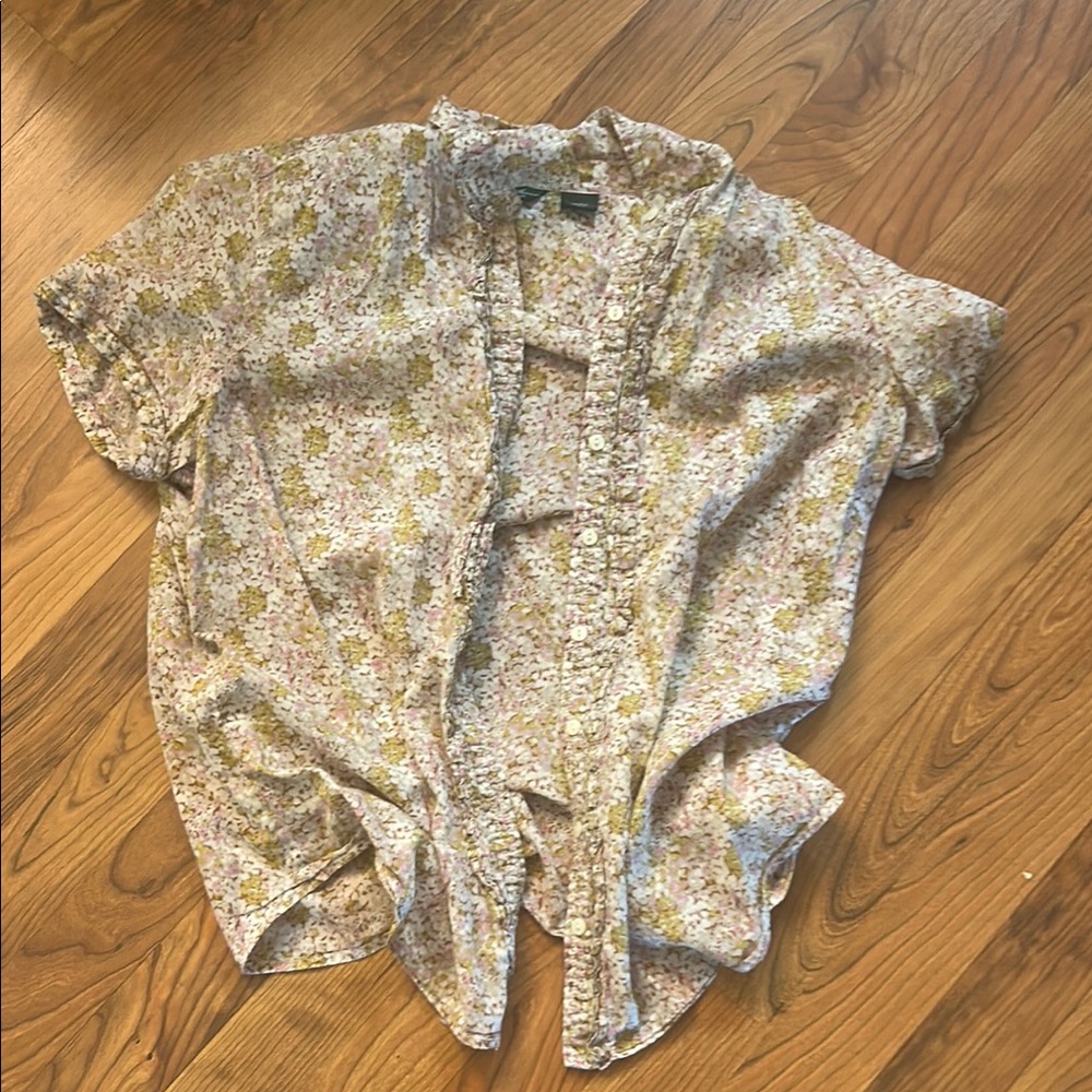 Eddie Bauer Cream and Green Ruffled Button Down Shirt